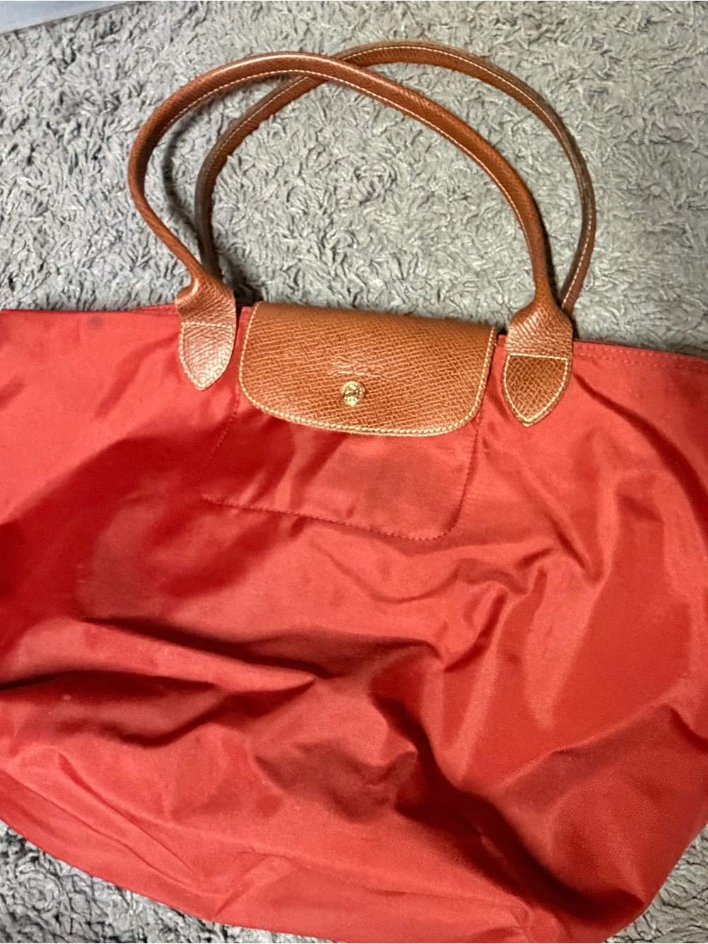 Longchamp Le Pliage Large Red Nylon Tote with Brown Leather Trim
